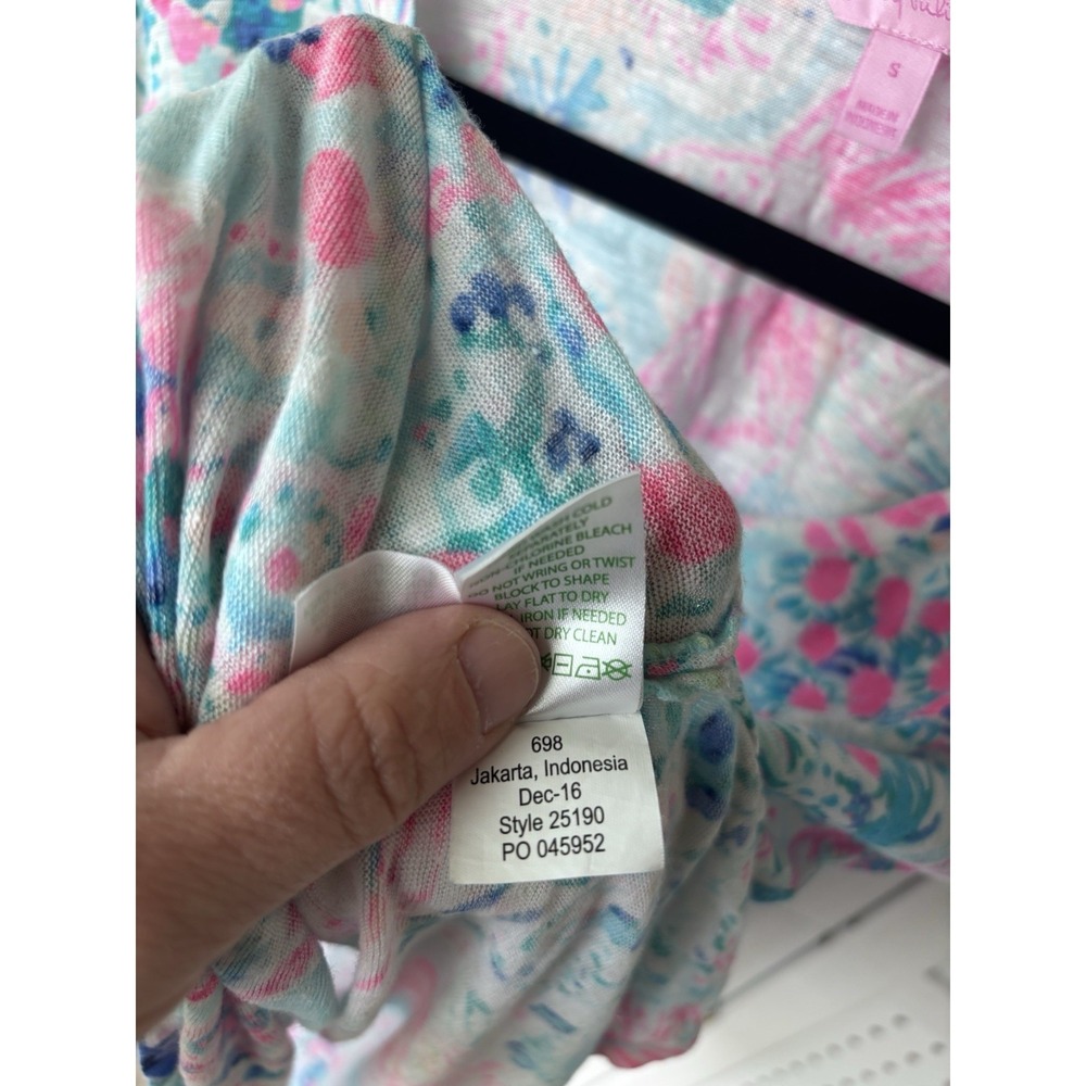 Lilly Pulitzer Womens Sm Short SLV Colorful Scoop Neck 100% Linen Tee Shirt - Picture 7 of 8